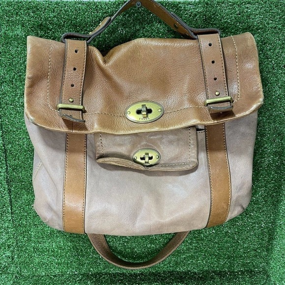 Fossil Handbags - Fossil Genuine Leather Turn Lock Messenger Bag Shoulder Strap Satchel Brown